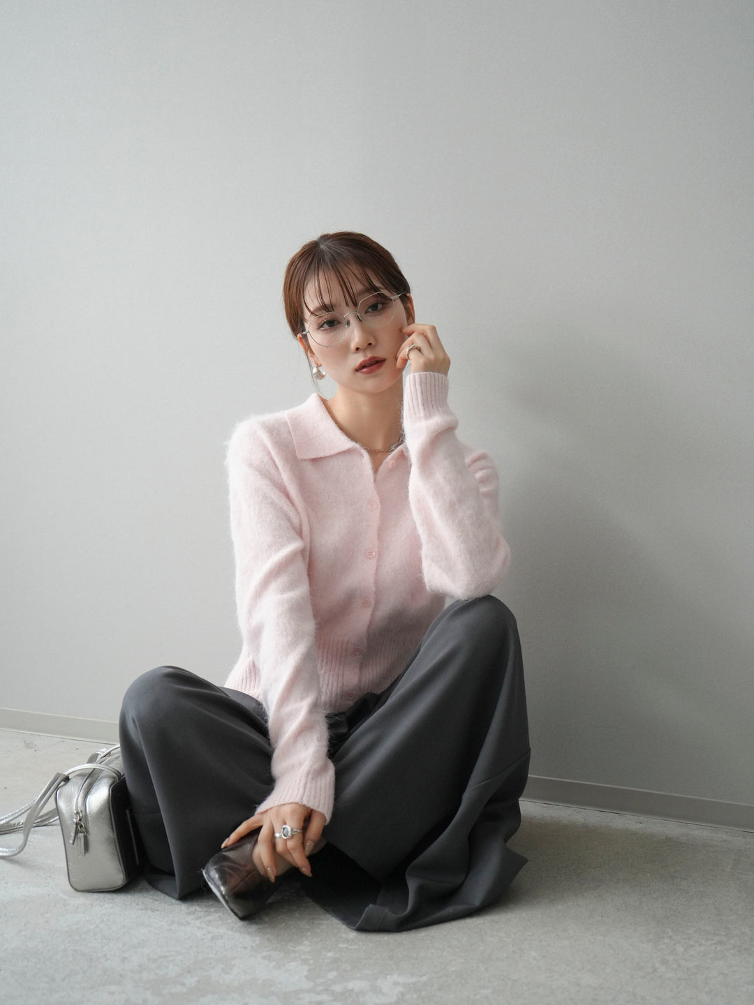 [予約]モヘア衿付きボタンプルオーバー/pink