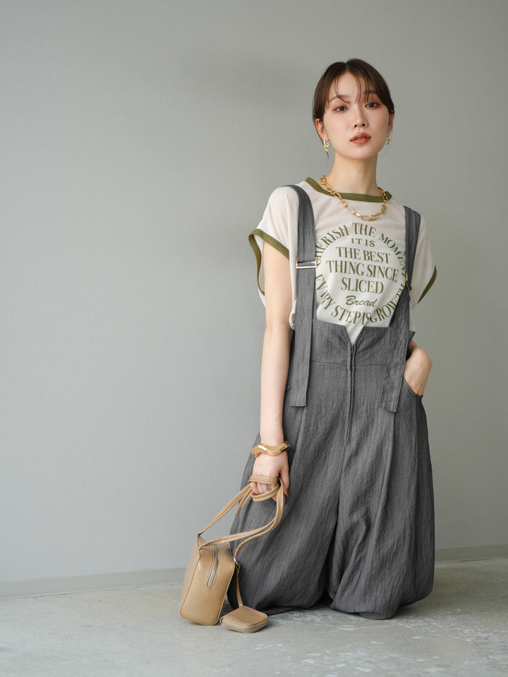 [SET]ストリングデザインハイウエストサロペット+シアーフライス ロゴプリントT (2set)