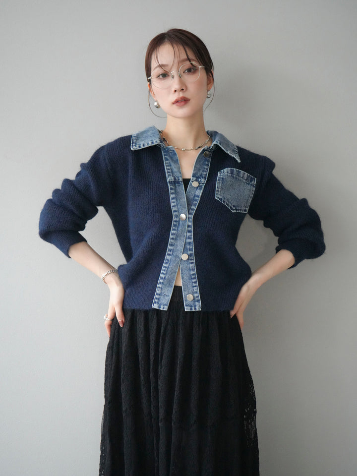 [予約]デニム襟ポケットニットカーディガン/navy