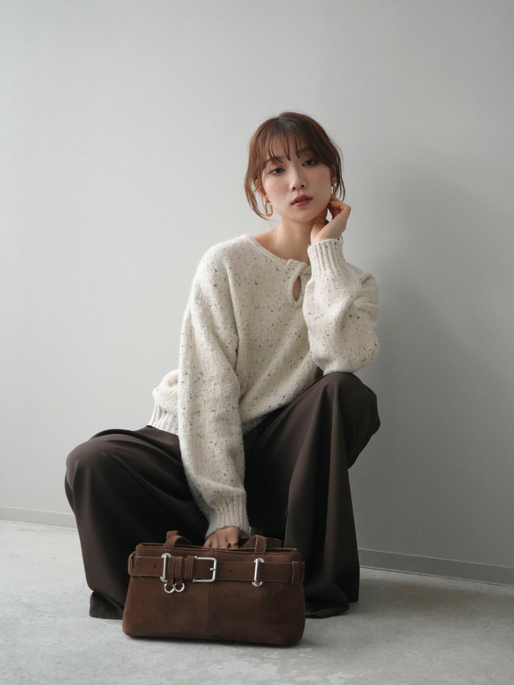 [SET]ツイストネックラメネップヤーンニットプルオーバー+テープベルトタックバギーパンツ(2set)