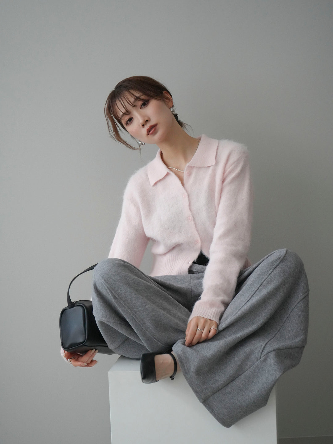 [予約]モヘア衿付きボタンプルオーバー/pink