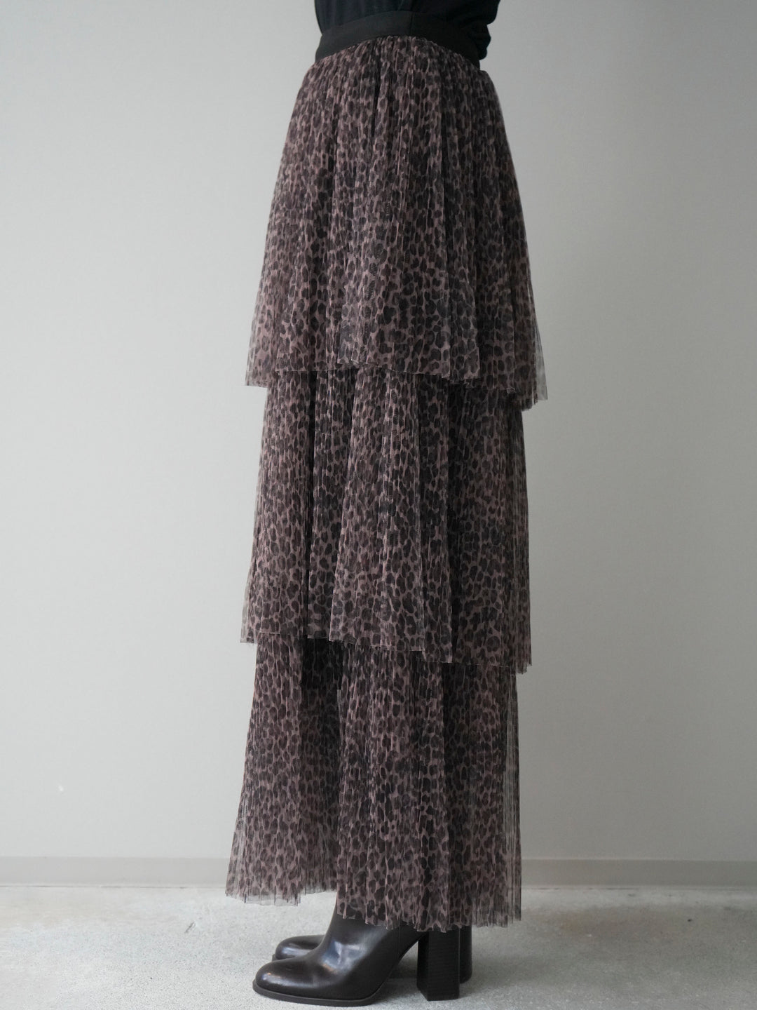 [予約]レオパード柄チュールフリルスカート/brown