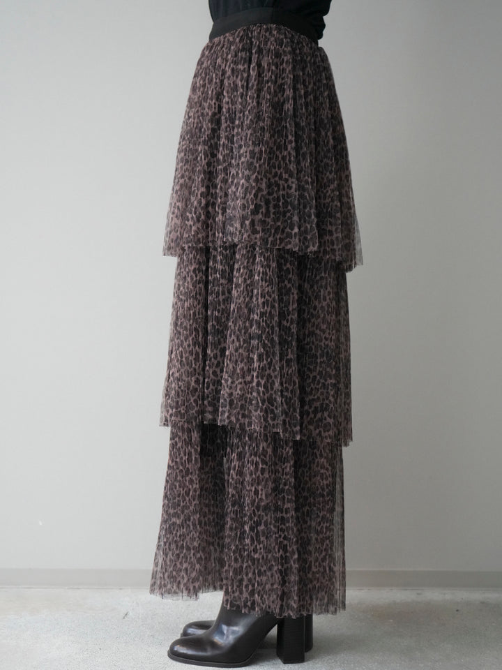 [予約]レオパード柄チュールフリルスカート/brown
