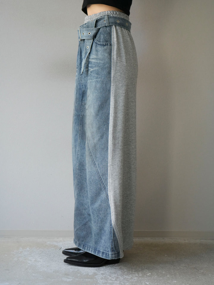 [予約]デザインベルトデニムドッキングスウェットスカート/グレー