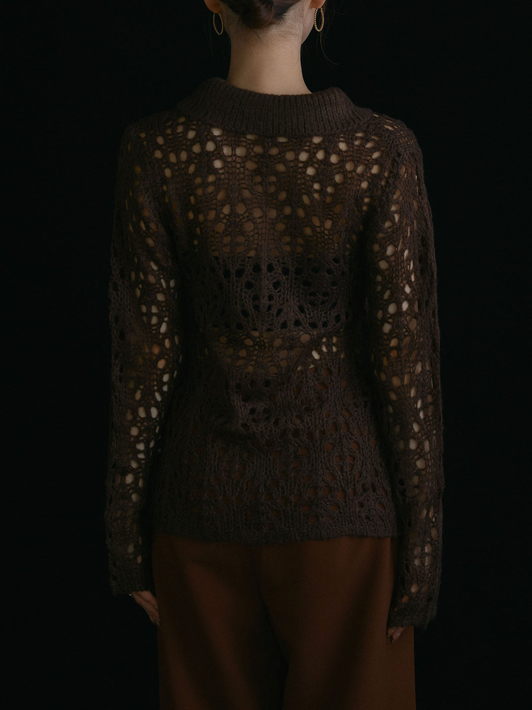 [予約]ローゲージ透かし編みポロニッカーディガン/ブラウン