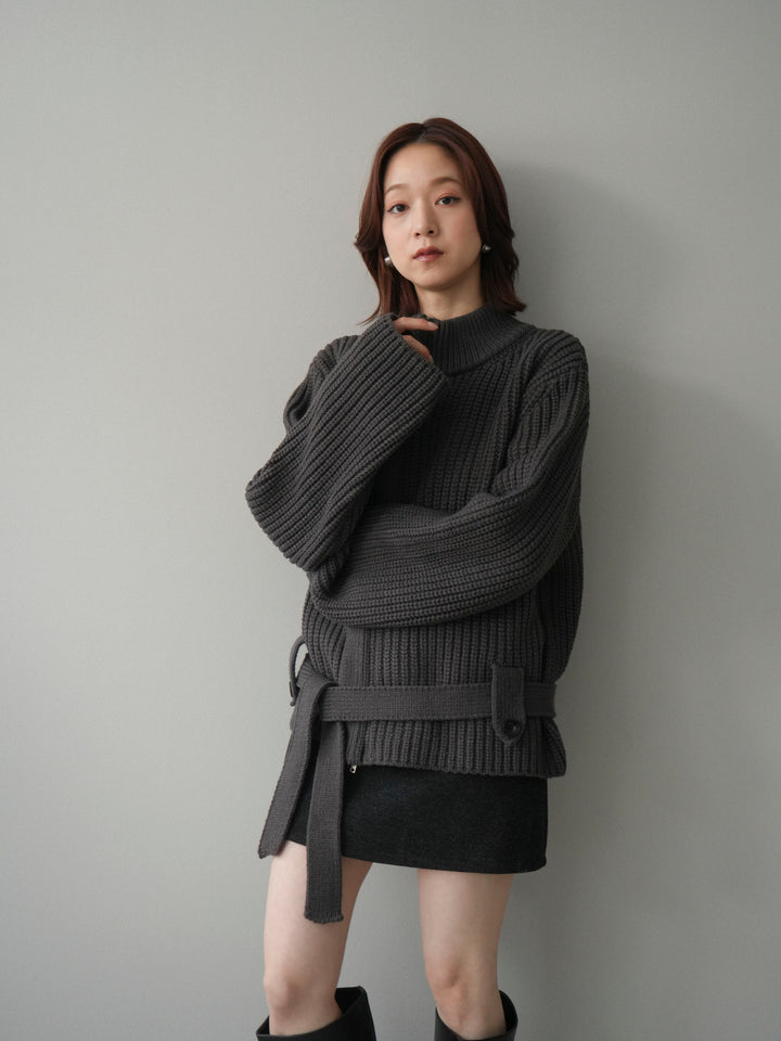 [予約]畦編みボトルネックZIPニットカーディガン/ gray