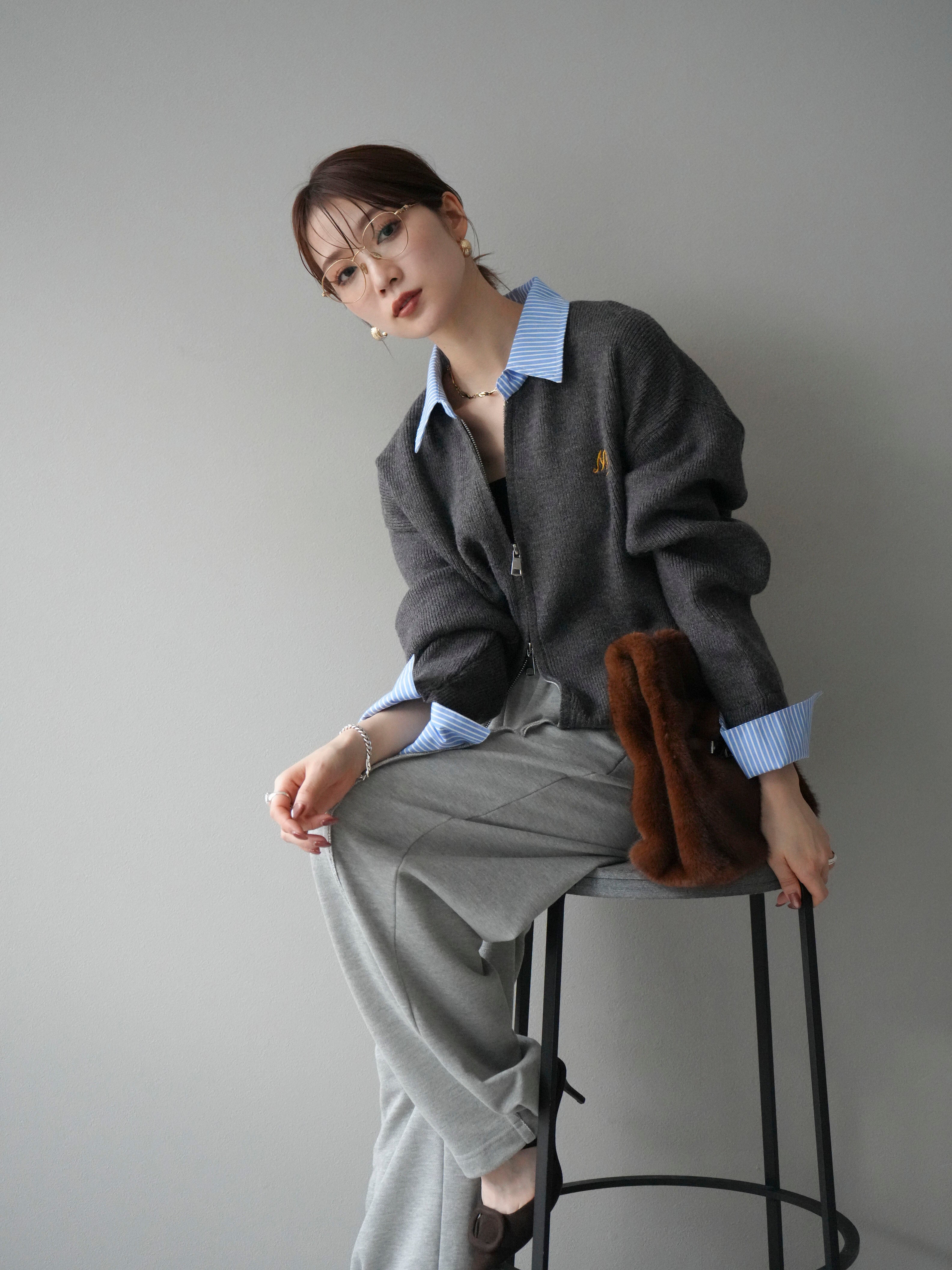 SET]ストライプシャツレイヤードZIPニットカーディガン+2WAYデザイン