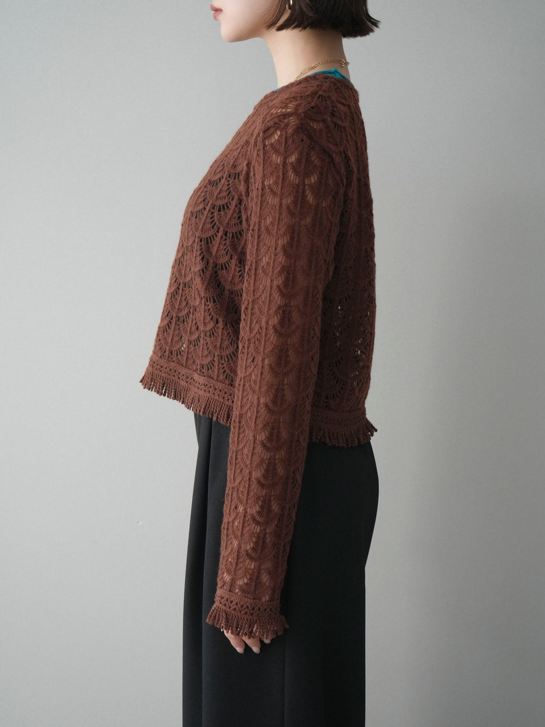 [予約]扇透かし編みクロップドニットプルオーバー/brown