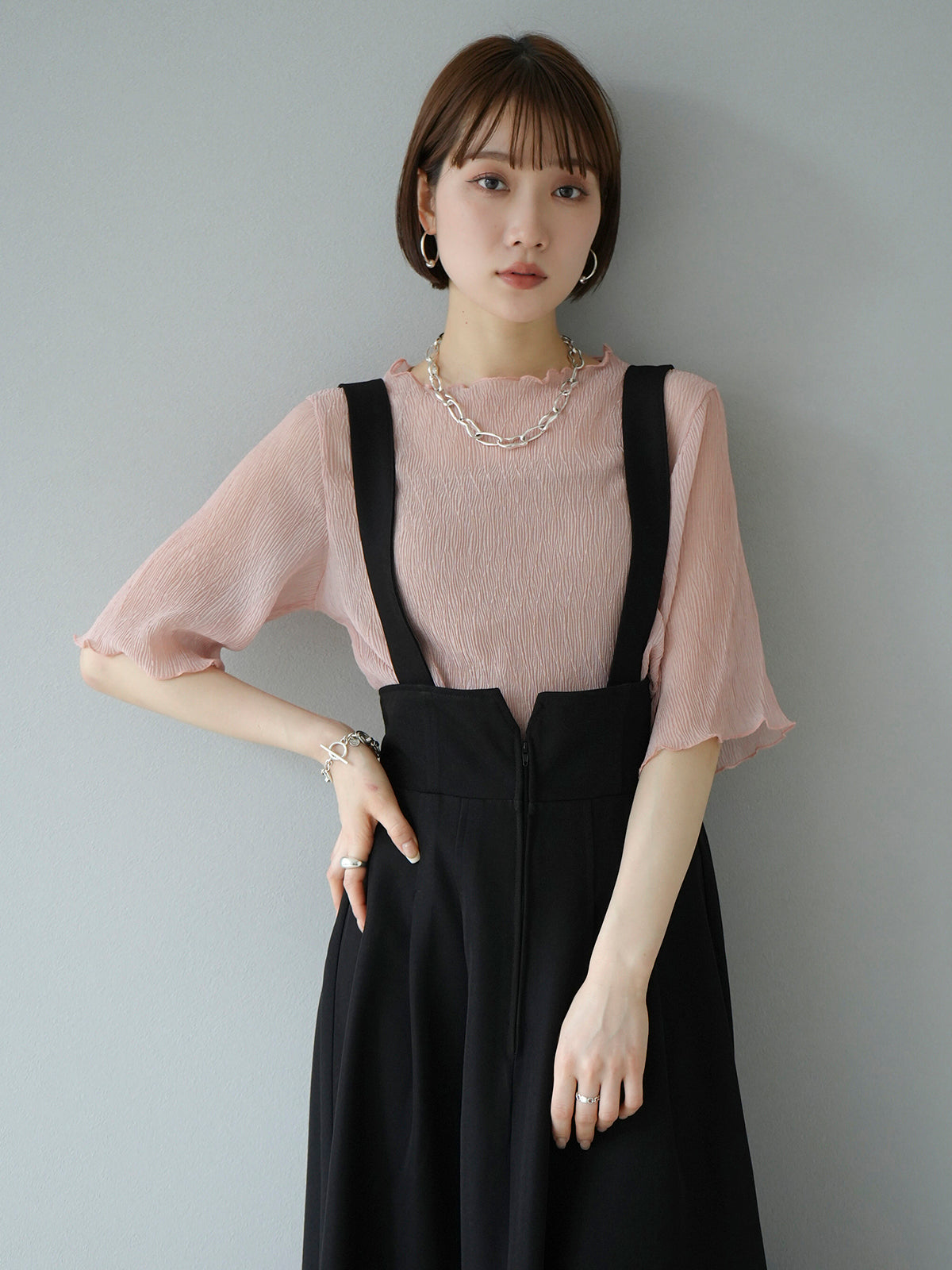 予約]楊柳シアーメローハーフスリーブトップス/ピンク – Lumier