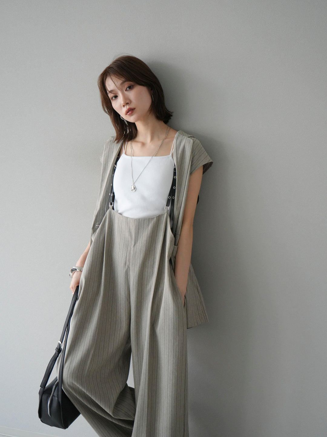 [SET]ヘリンボーンストライプジレ+ヘリンボーンストライプサロペット(2set)