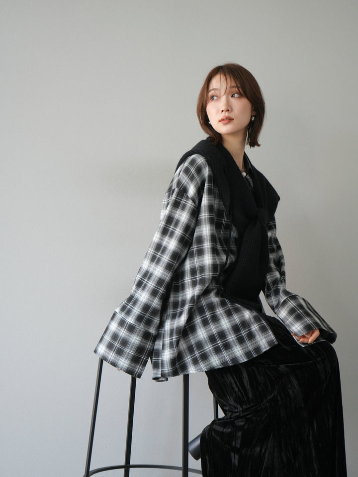 [SET]レザー襟オンブレチェックオーバーシャツ +クラッシュベロアナロースカート(2set)