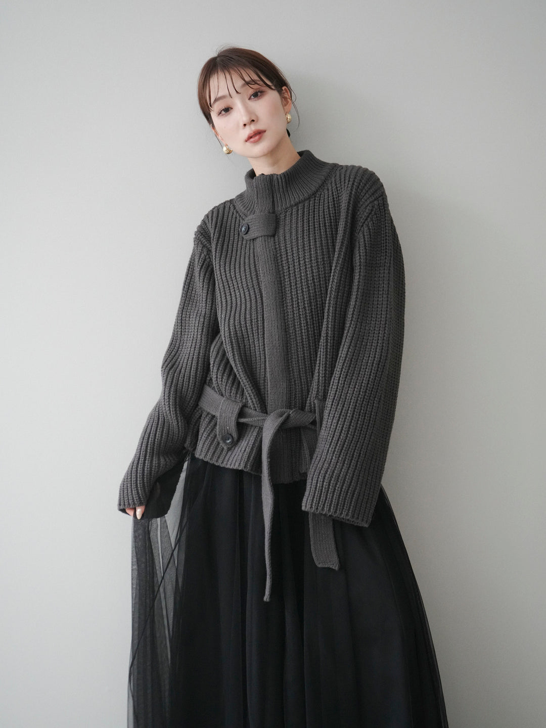 [予約]畦編みボトルネックZIPニットカーディガン/ gray