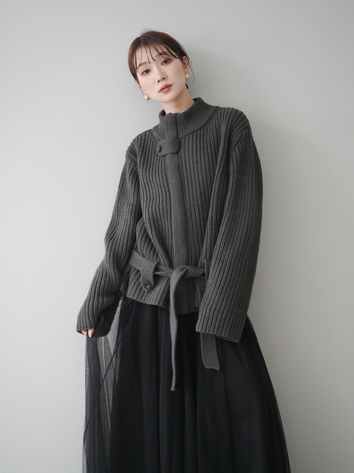 [予約]畦編みボトルネックZIPニットカーディガン/ gray