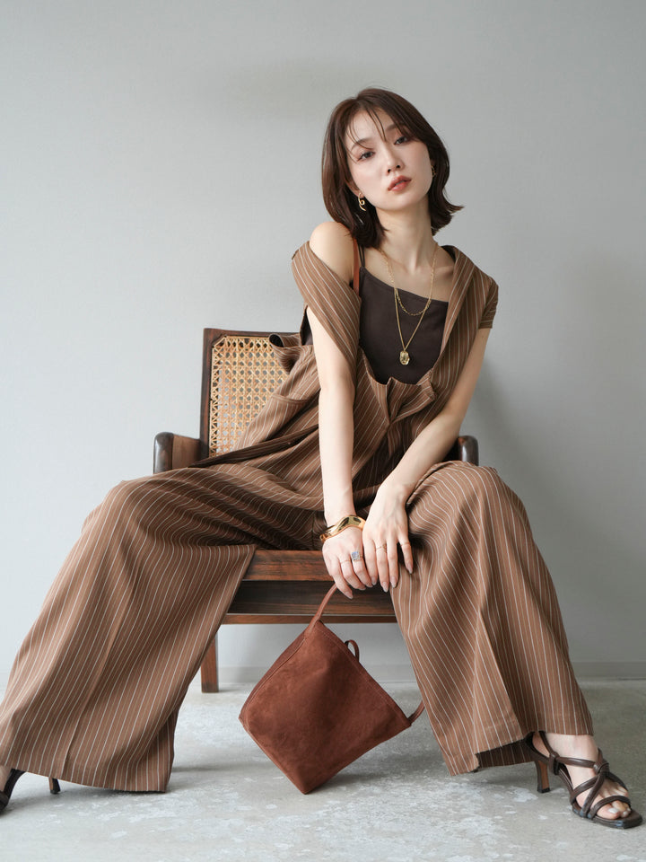 【着回しセット】[SET]ヘリンボーンストライプジレ+シアー切替ベロアトップス+ヘリンボーンストライプサロペット(3set)