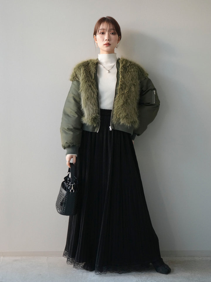 [SET]ファードッキングMA-1+袖ボタンボトルネックリブニットトップス+裾レーススウェードプリーツマキシスカート(3set)