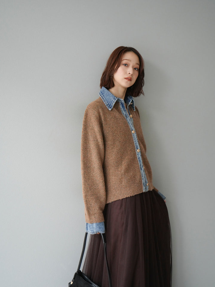 【預購】牛仔領紐扣針織開襟衫/駝色