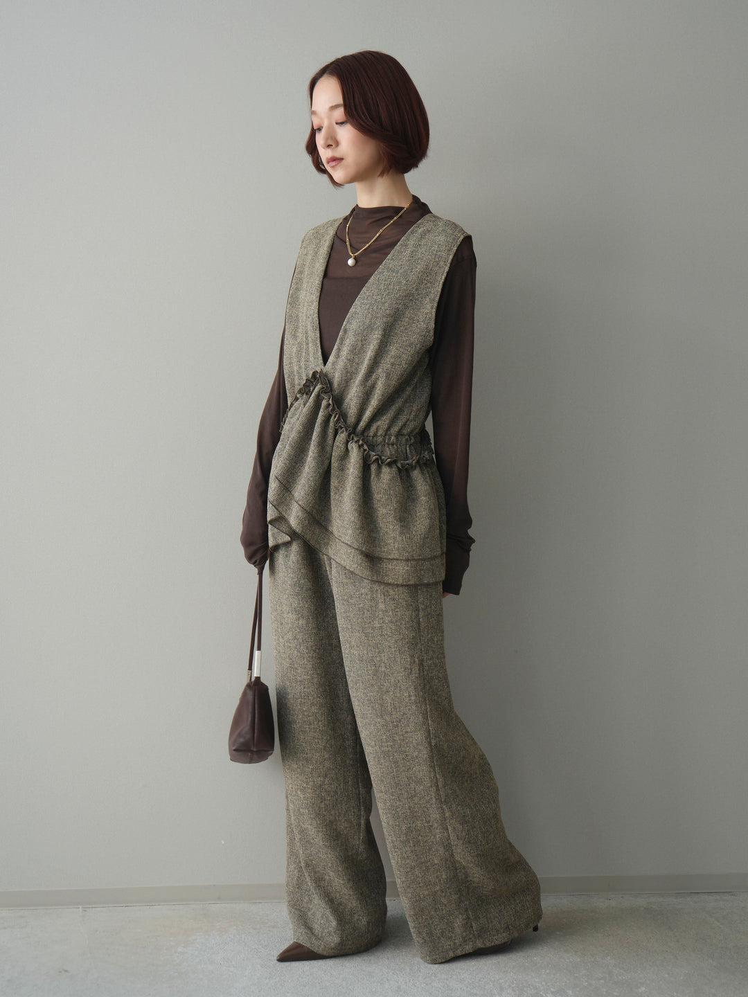 [SET]3WAYミックスツイードギャザーオールインワン+シアープチネックストレッチトップス(2set)