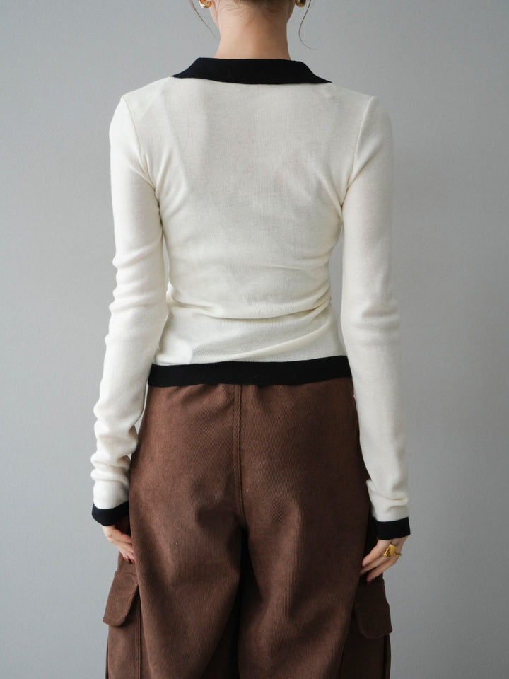 [予約]レイヤード配色ポロニットトップス/beige