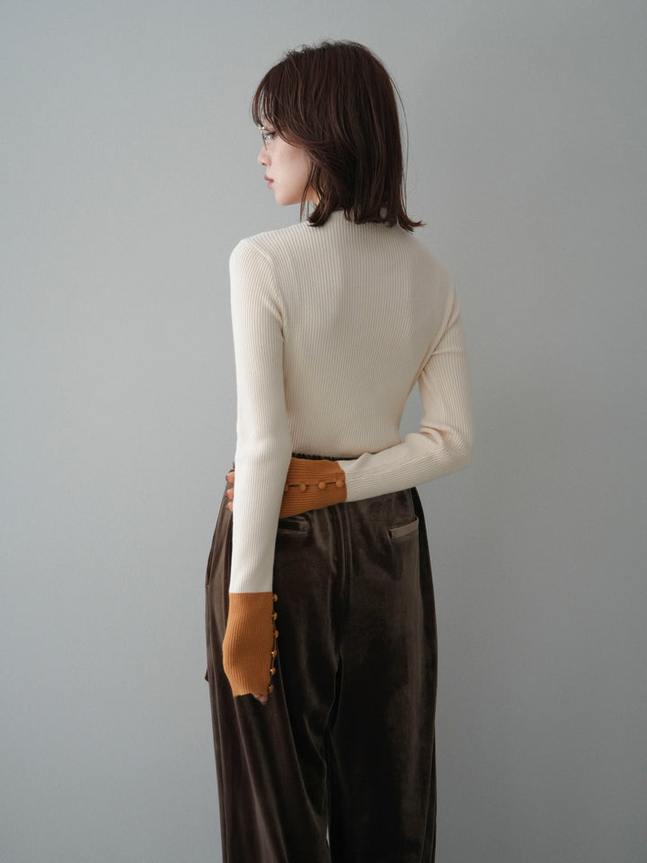 [予約]袖ボタンハイネック配色リブニットトップス/ivory