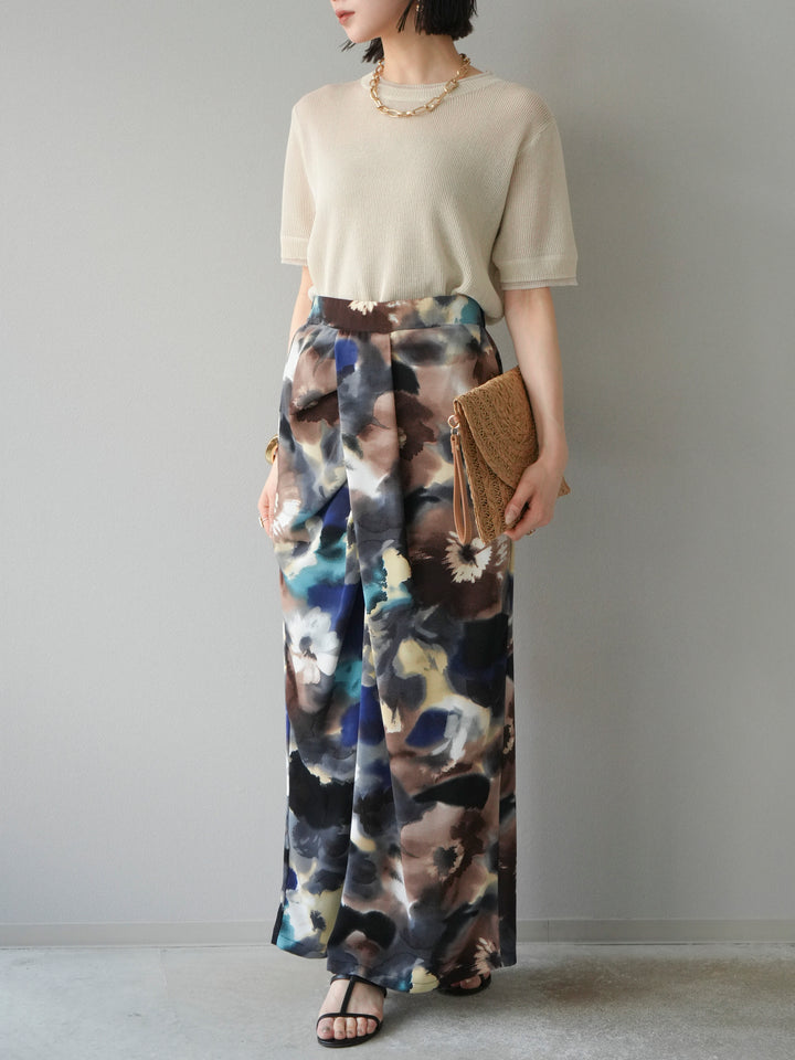 [SET]リネンタッチ配色二重臼ハーフニットトップス+選べるアソート柄スカートセット(2set)