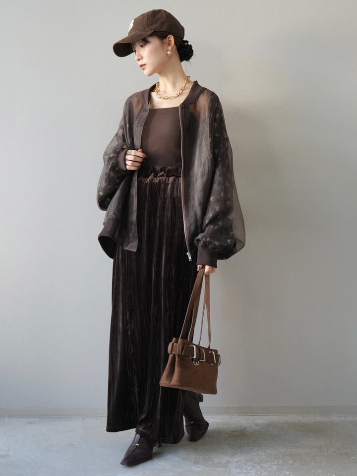 [SET]フラワーチュールドッキングブルゾン+クラッシュベロアナロースカート(2set)