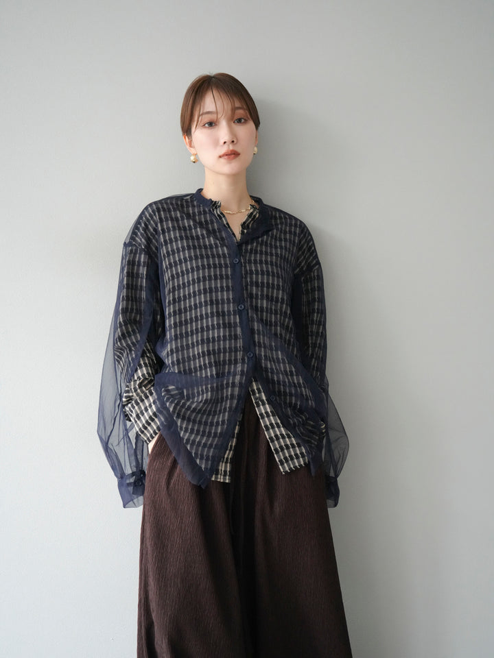 [予約]チェック柄2WAYスリーブバンドカラーシャツ/ベージュブラック