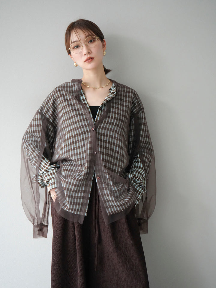[予約]チェック柄2WAYスリーブバンドカラーシャツ/ブルーブラウン