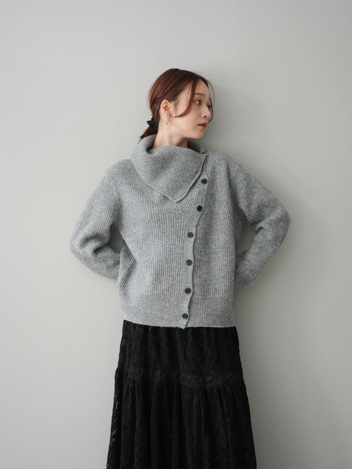 [SET]ハイネックデザインボタンニットカーディガン+起毛レースティアードスカート(2set)