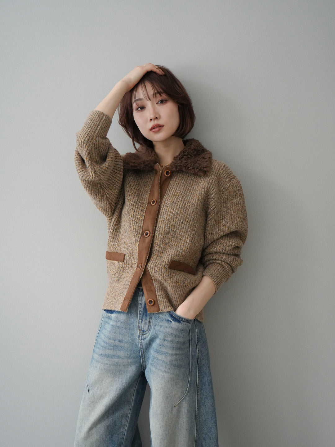 [SET]襟ボアミックスヤーンニットカーディガン+襟ボアミックスヤーンニットカーディガン(2set)