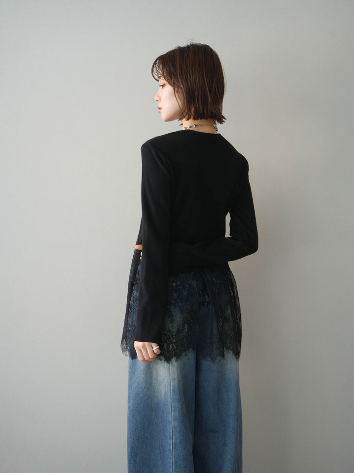 [予約]クルーネックレースドッキングリブニットトップス/black