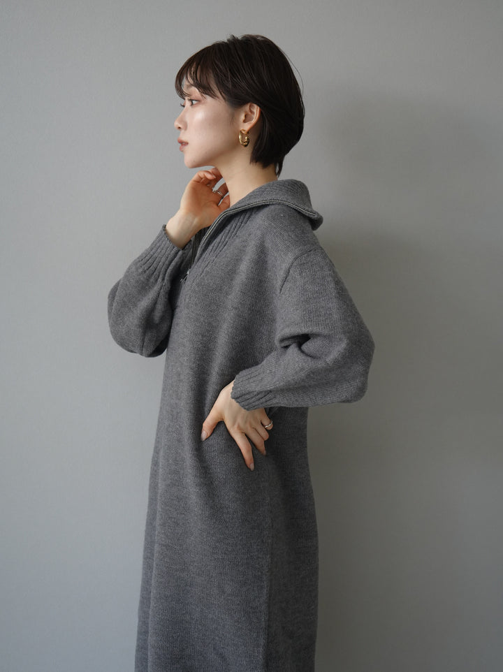 [Pre-order] High-neck zip knit dress/gray