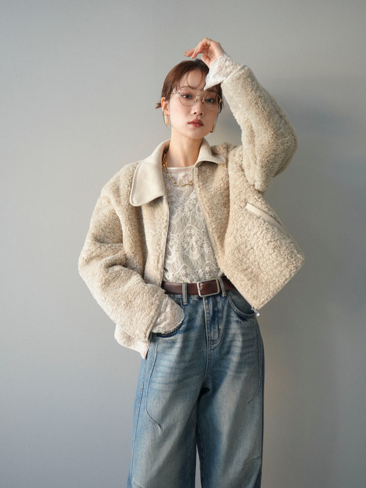 [予約]スエード襟ボアショートジャケット/beige
