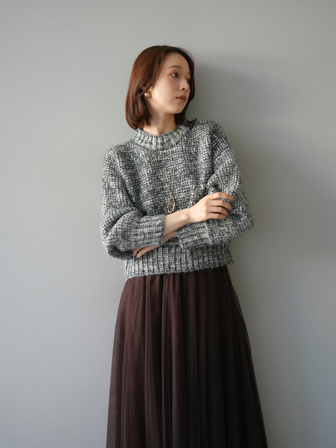 [予約]ボリュームスリーブミックスネップニットプルオーバー/gray