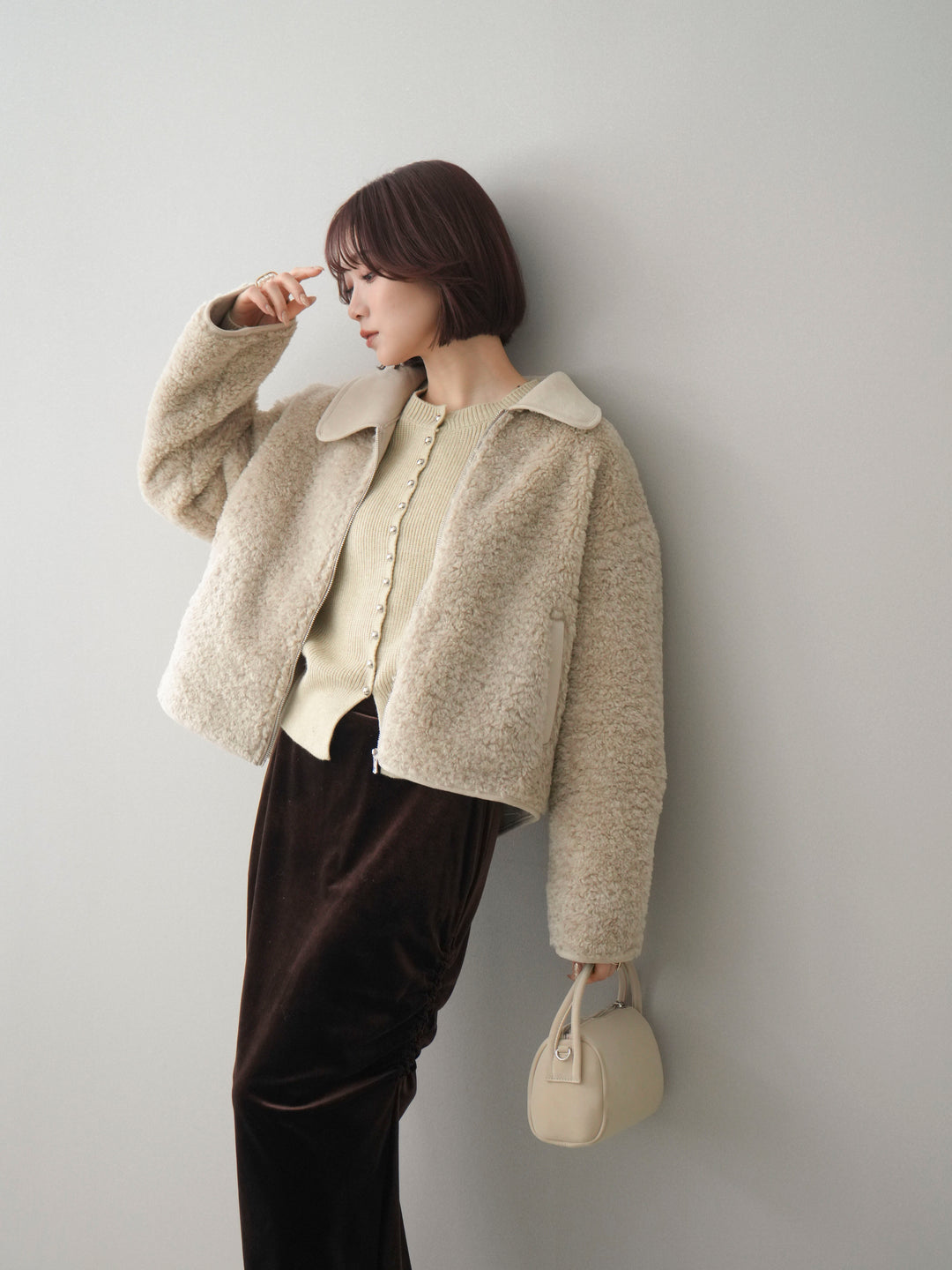 [予約]スエード襟ボアショートジャケット/beige