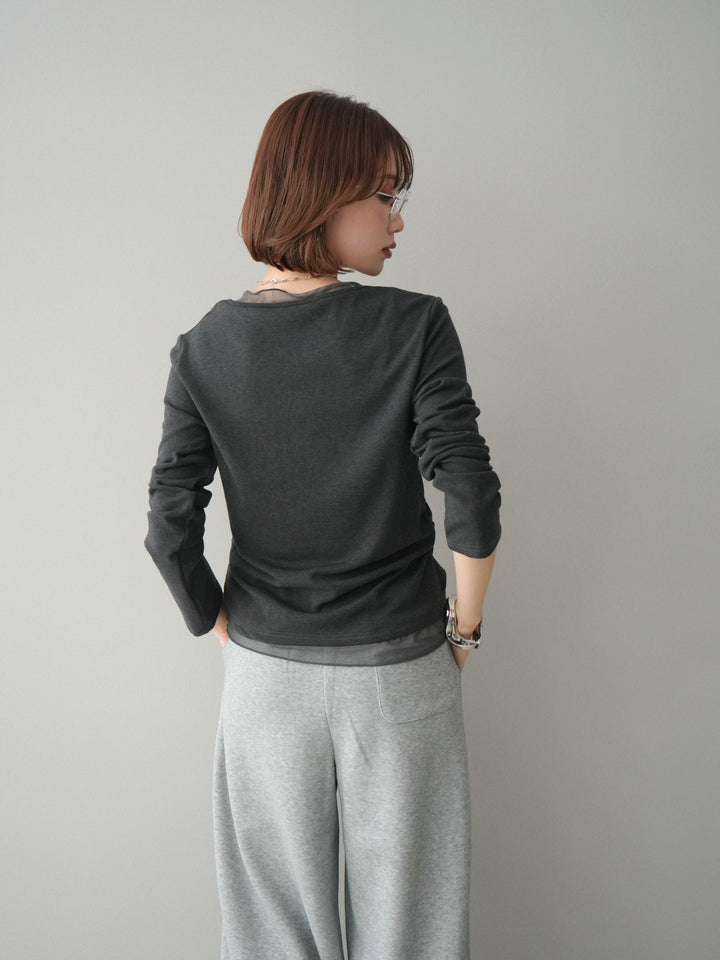 [予約]チュールレイヤードヘンリーネックカットソー/charcoal