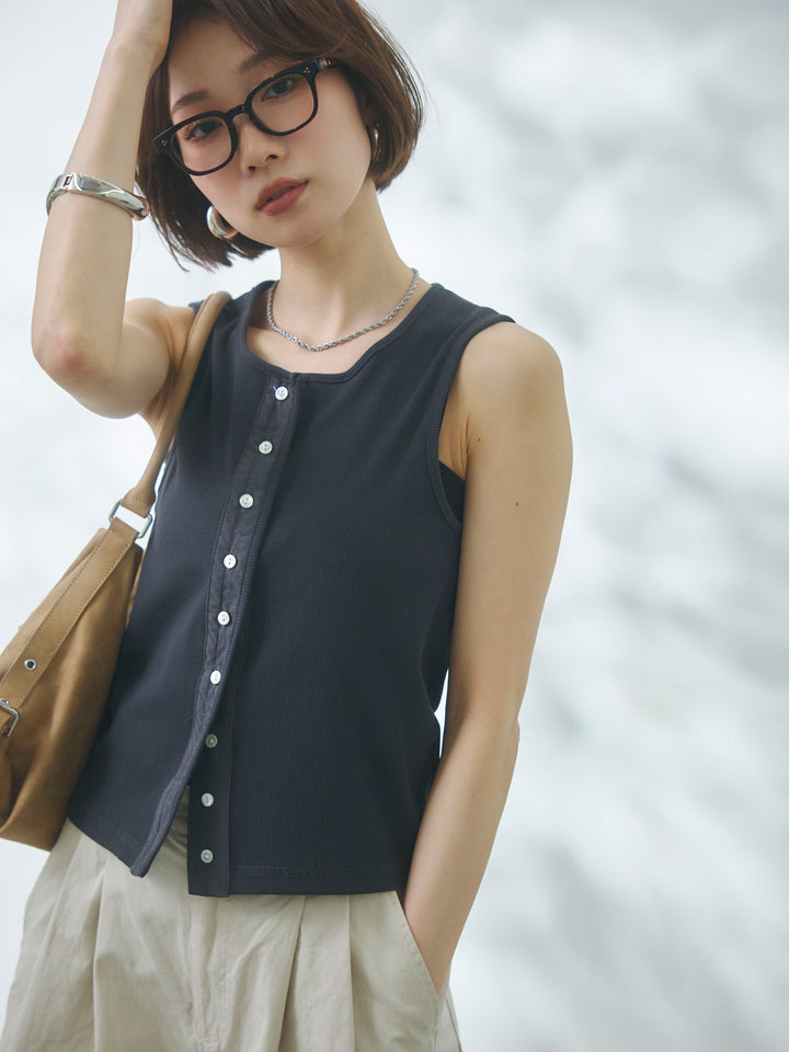 【Allure】[SET]フロントボタンテレコリブタンクトップ+カットオフコットンツイルタックワイドパンツ(2set)