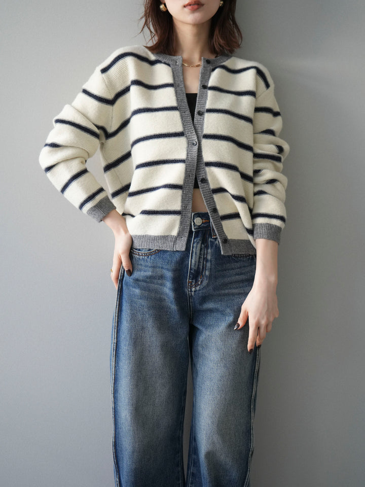 [予約]配色ボーダーニットカーディガン/apricot
