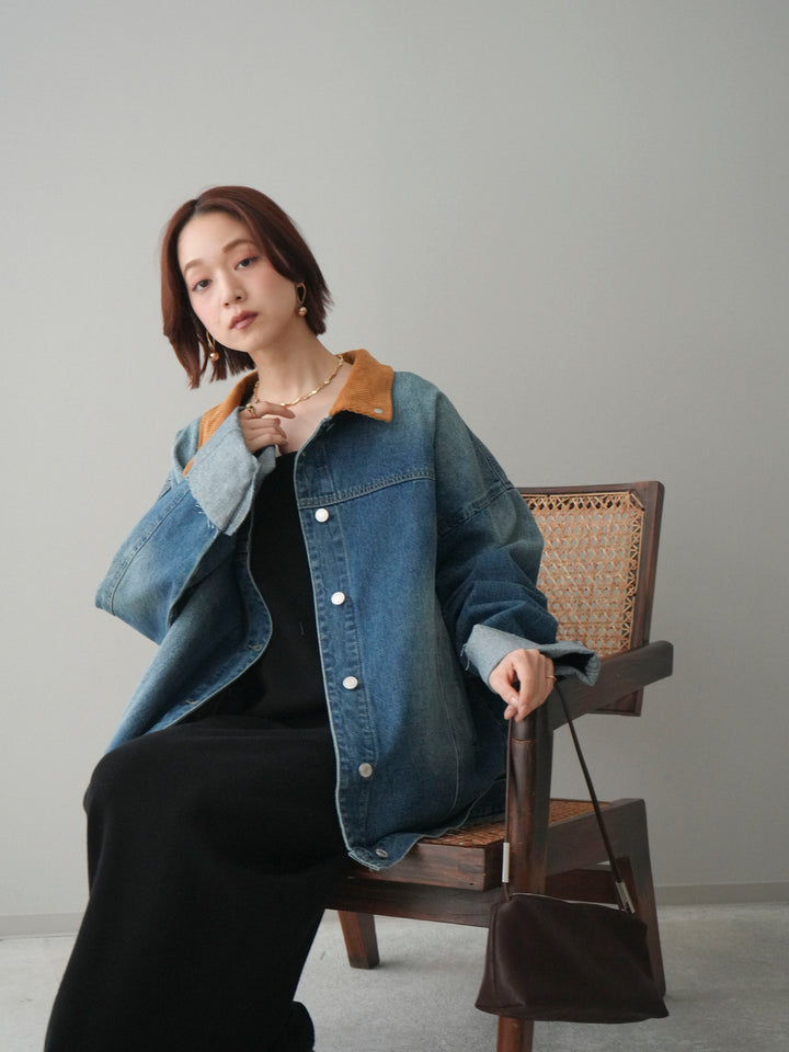 [SET]2WAYニットワンピース+コーデュロイ×デニムミドルジャケット(2set)