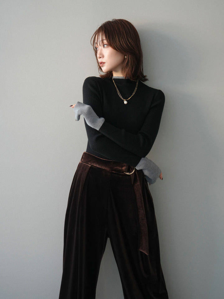 [予約]袖ボタンハイネック配色リブニットトップス/black