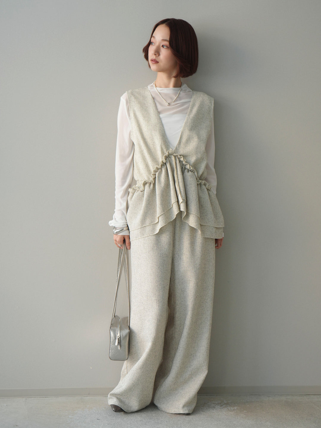 [SET]3WAYミックスツイードギャザーオールインワン+シアープチネックストレッチトップス(2set)