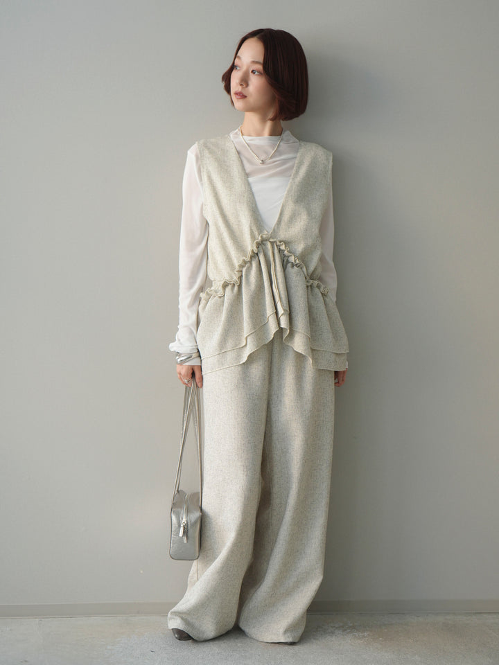 [SET]3WAYミックスツイードギャザーオールインワン+シアープチネックストレッチトップス(2set)