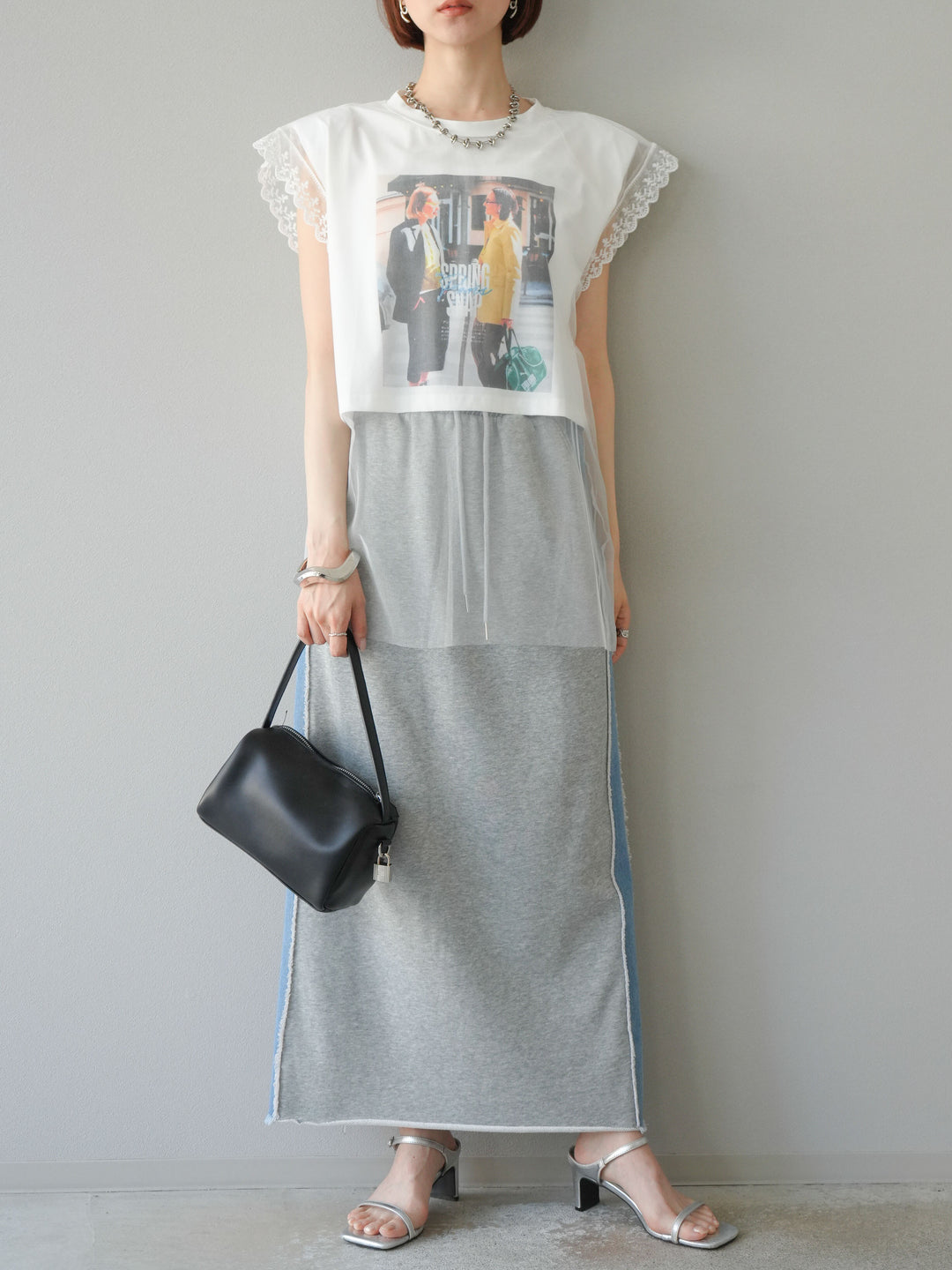 [予約]デニムドッキングスウェットスカート/グレー