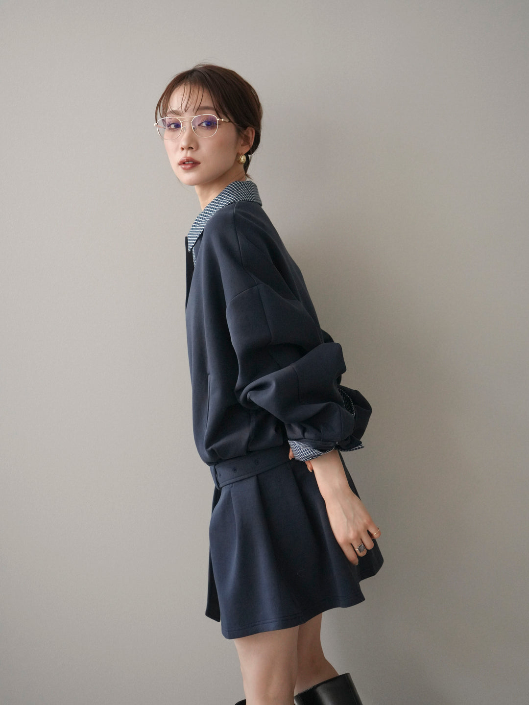 [予約]チェック襟xスエットミニワンピース/blue