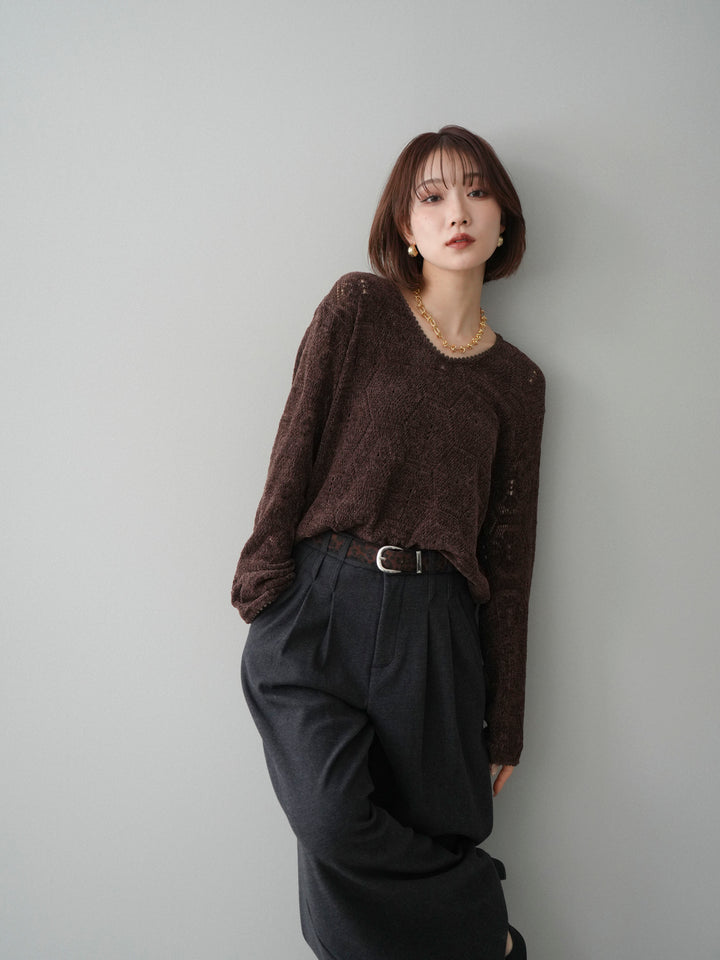 [SET]モール透かし編みニットトップス+アニマル柄ベルト付きウールタッチワイドパンツ(2set)