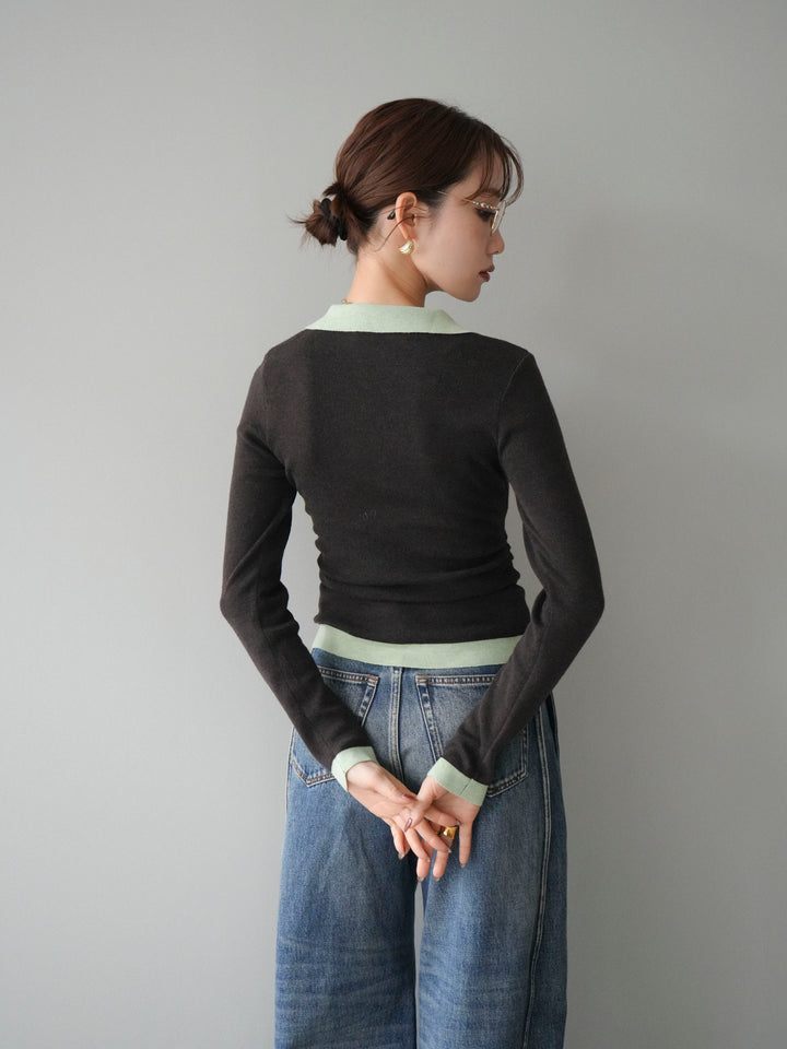 [予約]レイヤード配色ポロニットトップス/darkbrown