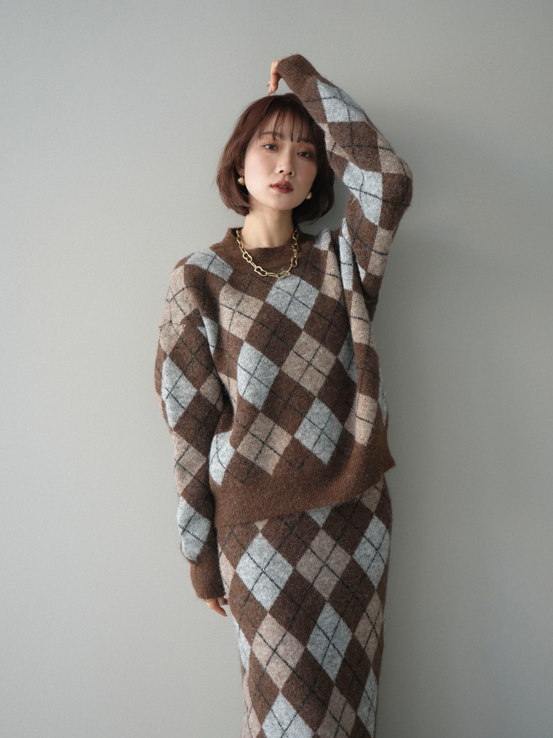 [SET]アーガイルニットプルオーバー&ロングスカートSET UP+選べるアクセセット(2set)