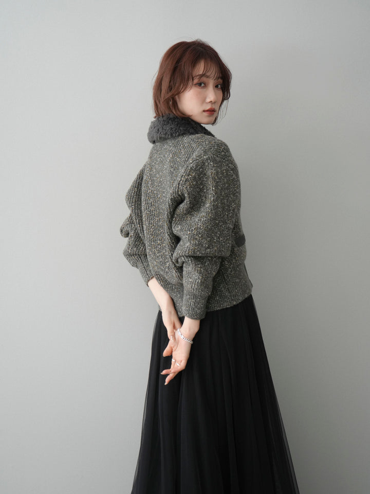 [SET]襟ボアミックスヤーンニットカーディガン+チュールボリュームスカート(2set)