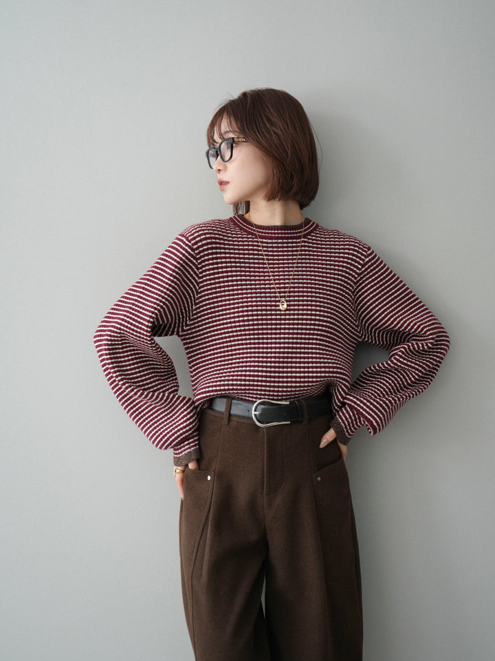 [予約]ラメ異素材ボーダーリブニットプルオーバー/bordeaux×brown