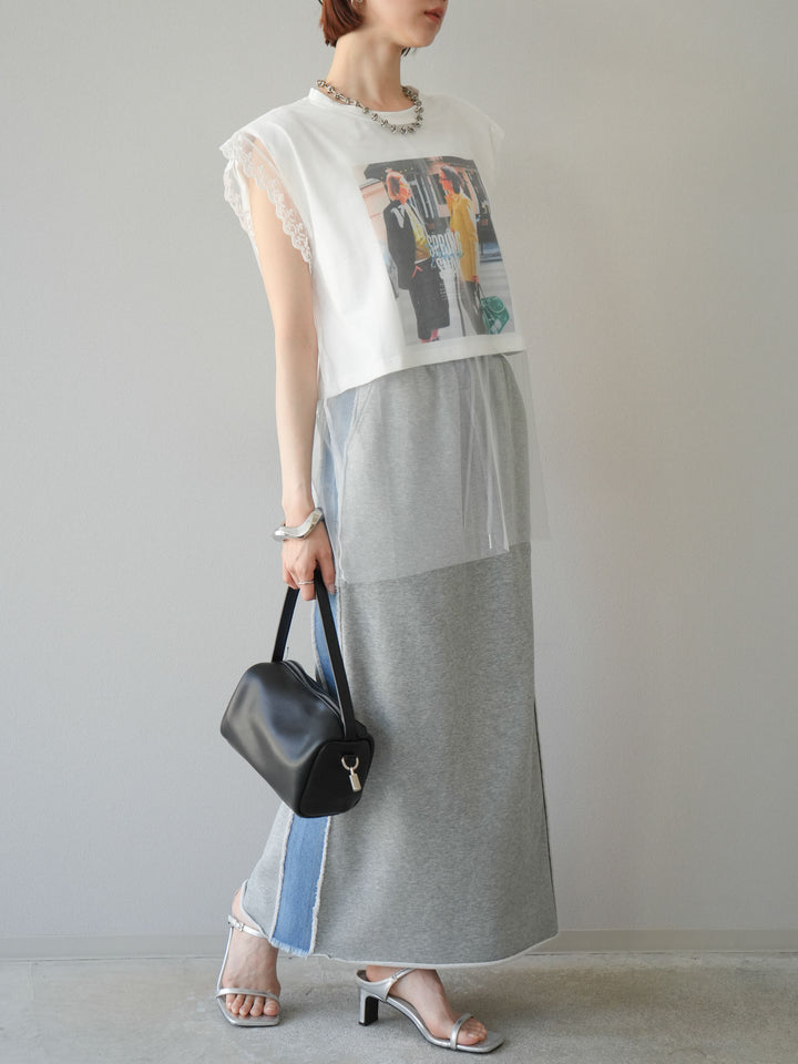 [予約]デニムドッキングスウェットスカート/グレー