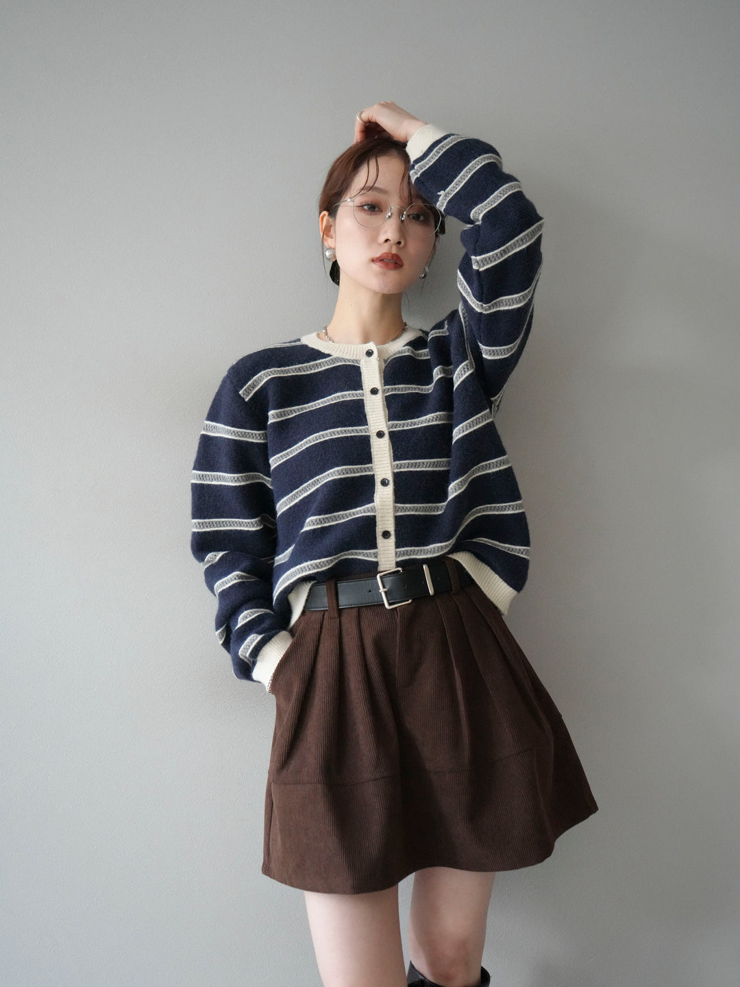 [予約]配色ボーダーニットカーディガン/navy